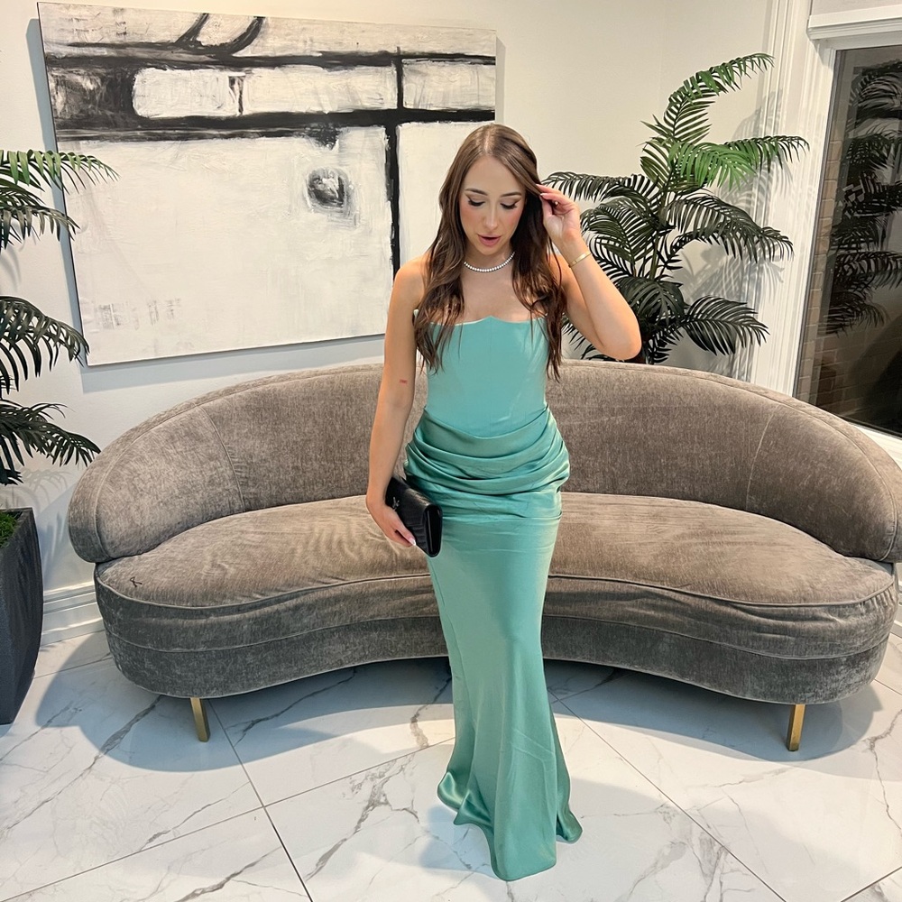 House of CB Teal Dress PERSEPHONE Jade Strapless Corset Maxi Dress